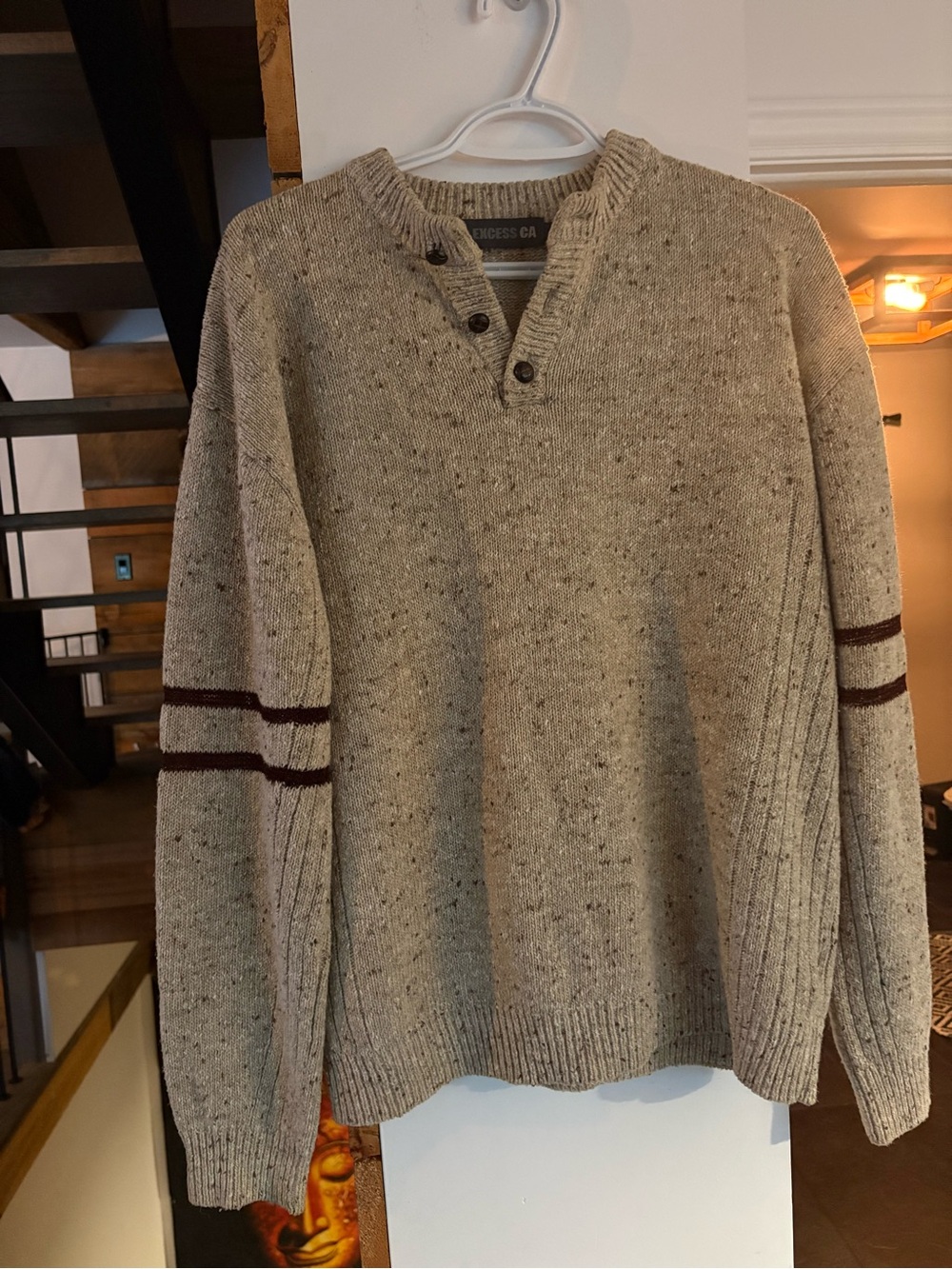 No Excess Men’s , unisex Medium Speckled Knit Sweater – Oatmeal Brown Henley